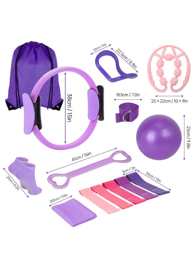 Axpeih 14-Piece Pilates Kit, Includes Pilates Ring, Pilates Ball, Magic Circle, Resistance Bands, Anti-Slip Socks, Yoga Strap, Yoga Starter Set for Women, Home Workout Equipment Set for Legs & Thighs (Purple) - Image 5